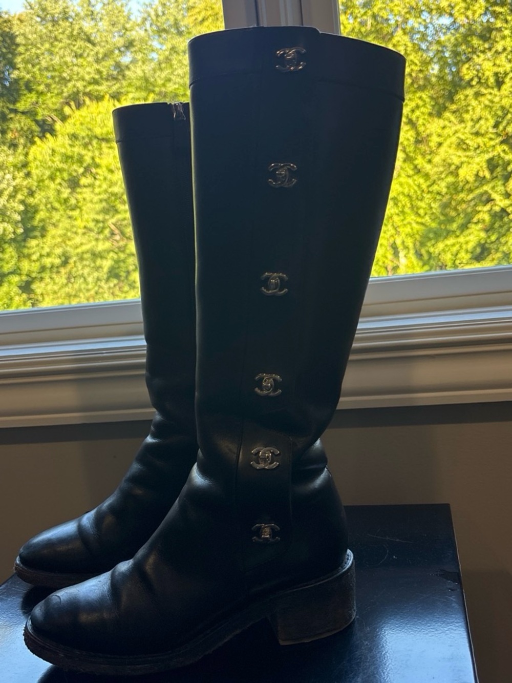 CHANEL Black Leather Knee-High Boots with CC Logo Buttons